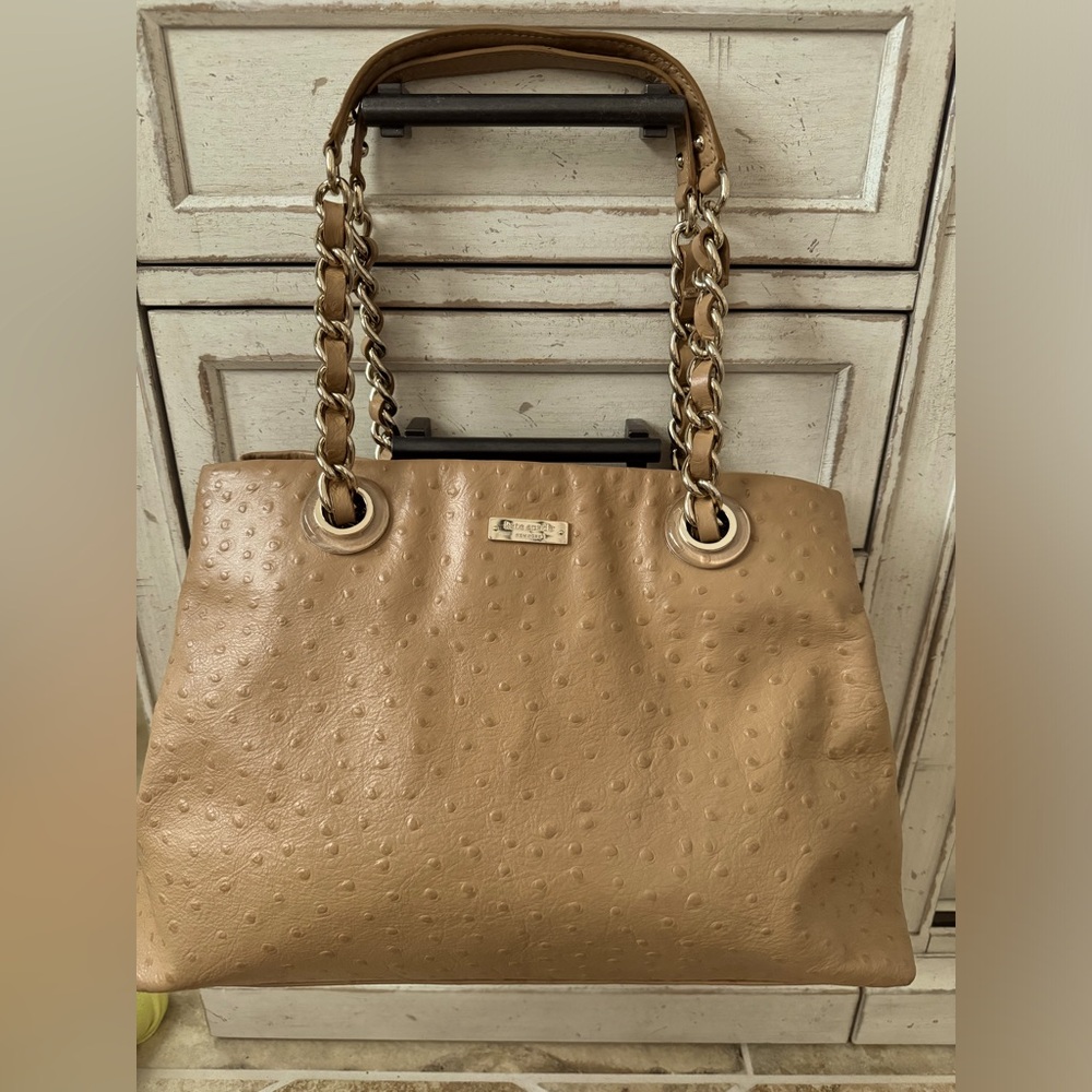 Kate Spade Tan Leather Ostrich Print Chain Link Tote Bag